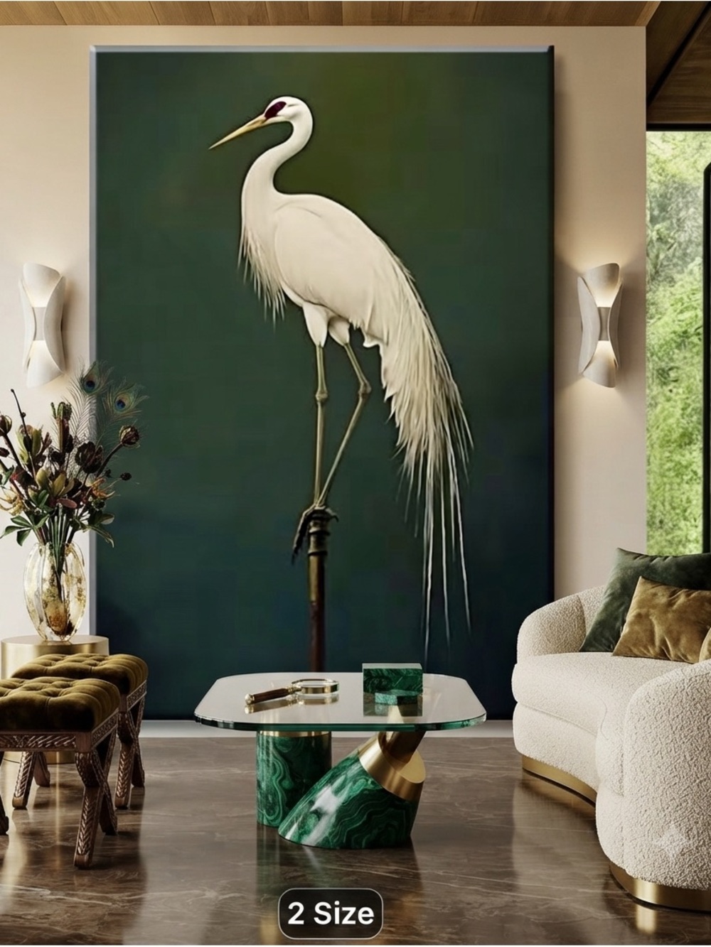 8x10 White Heron Crane Bird Art Print | Deep Green Luxury Wall Decor